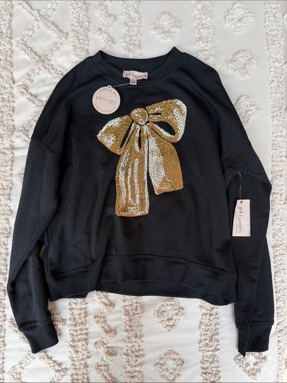 Philosophy Black Sweatshirt with Gold Sequin Bow Applique